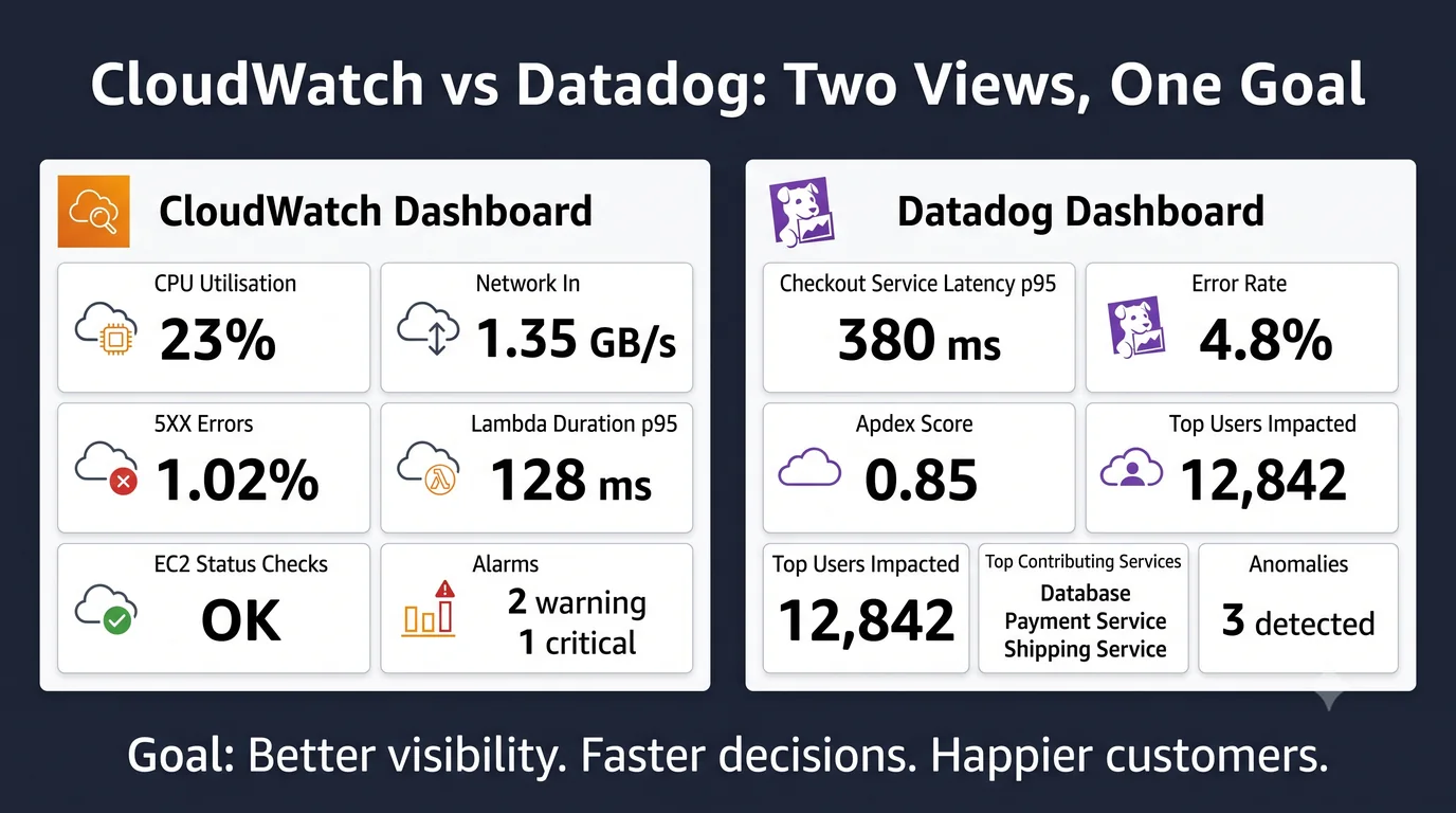 Side-by-side comparison of AWS CloudWatch and Datadog dashboards showing infrastructure monitoring and service-level observability.